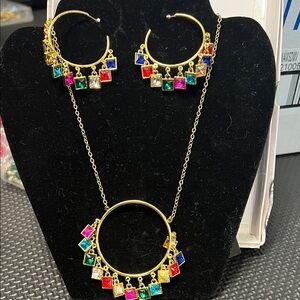 Colorful Gemstone Hoop Earrings and Necklace Set